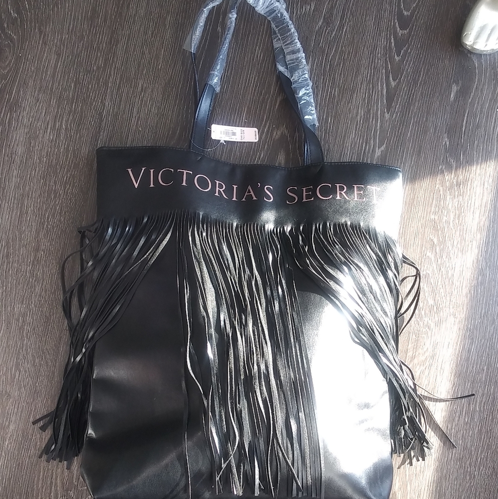 NWT $58 Victoria Secret black fringe large tote - Picture 8 of 16